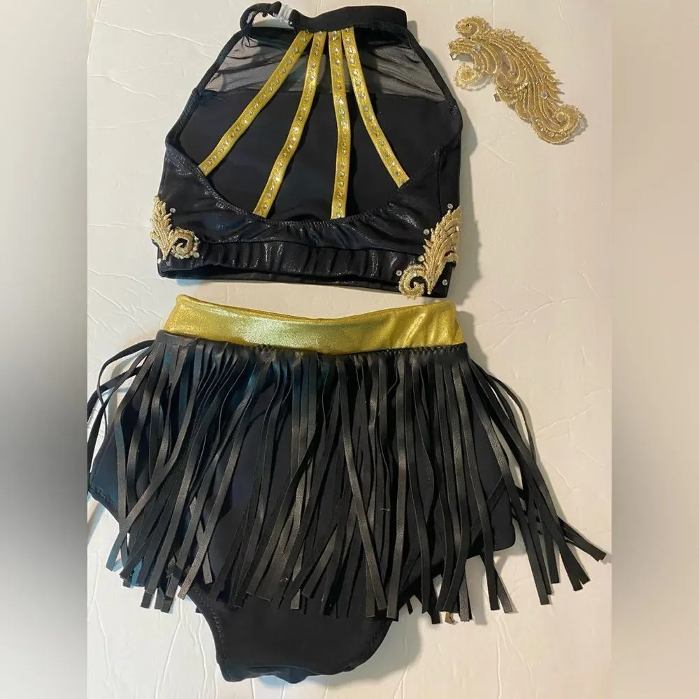 Custom glamorous mature solo dance costume 2 piece leather fringe black MC LC